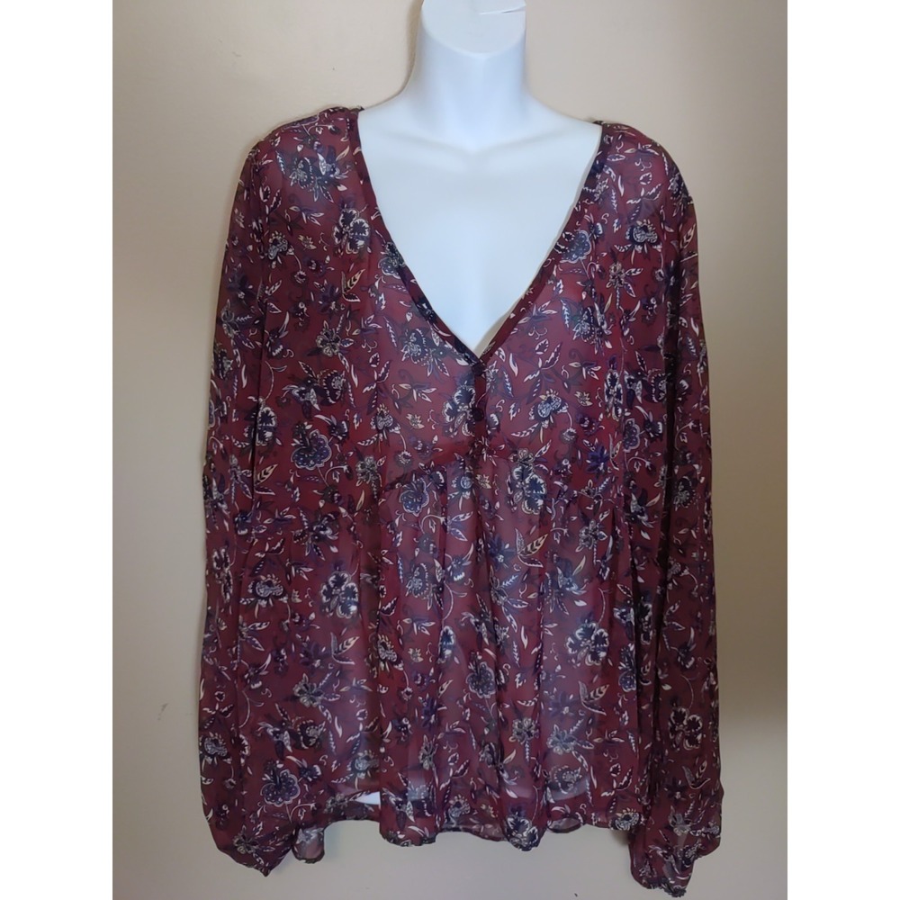 Loralette Plum Multicolor Floral Sheer Open Slit Sleeve Babydoll Top Size 3X